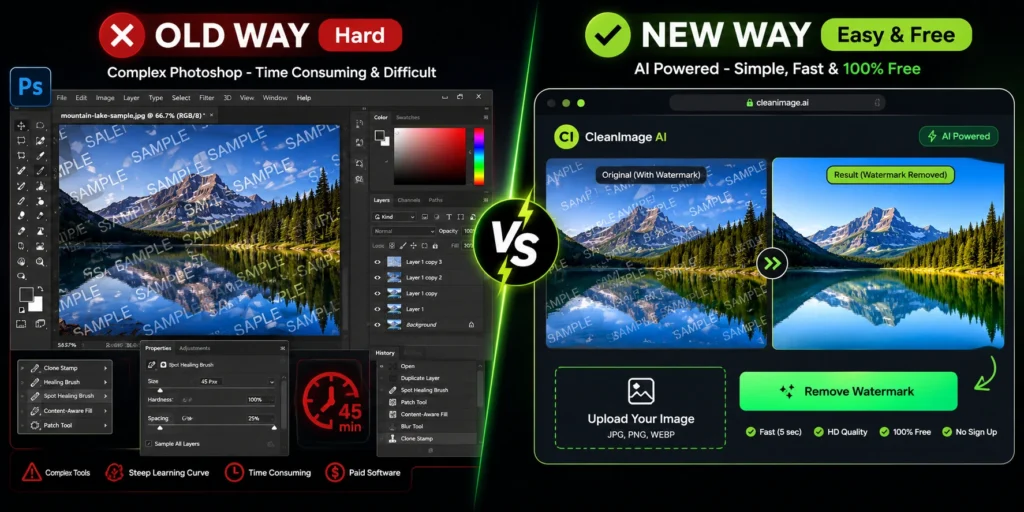 photoshop vs CleanImage AI watermark remover - free easy and fast